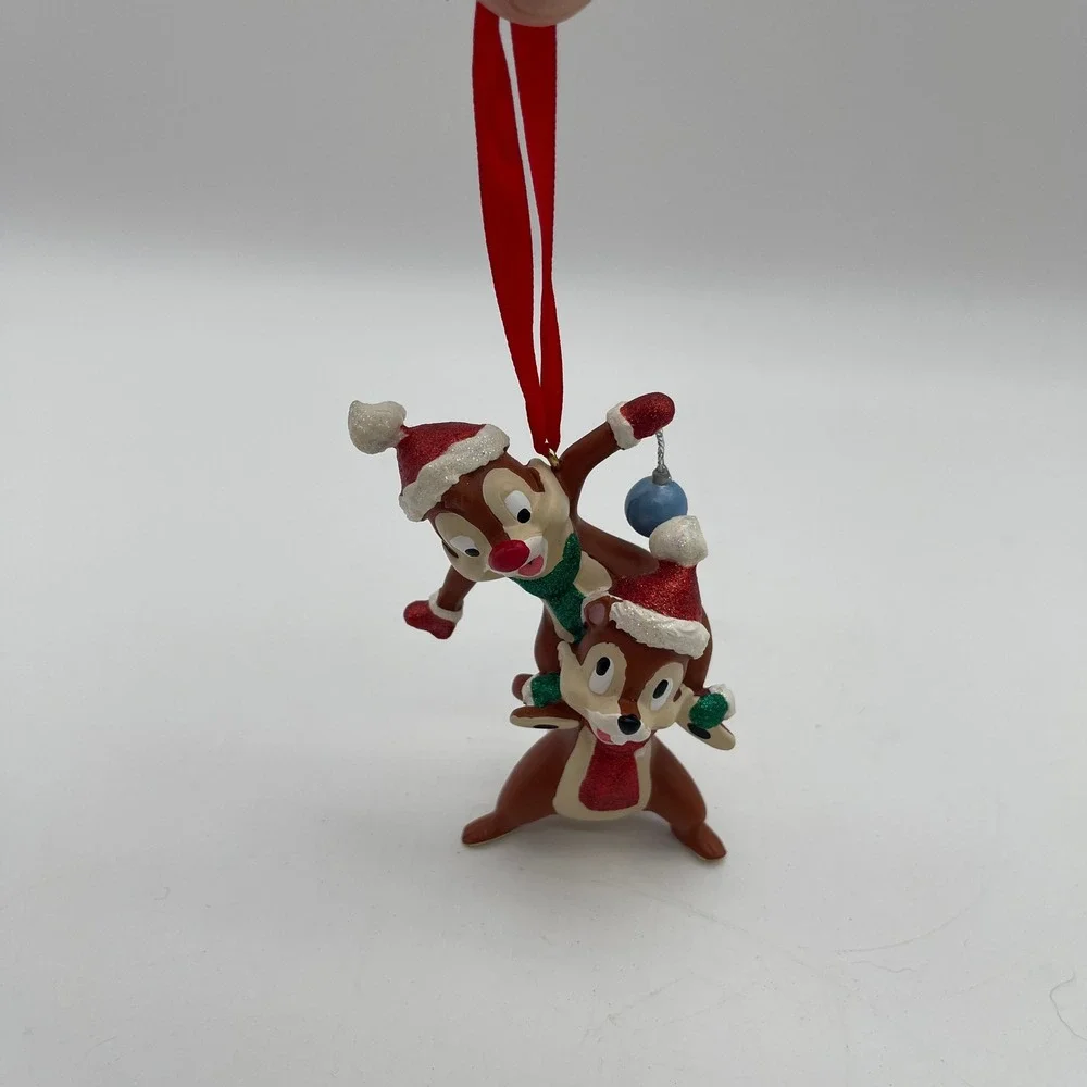 Disney Parks Chip n Dale Christmas Ornament Glitter Santa Hats Red Ribbon NWT
